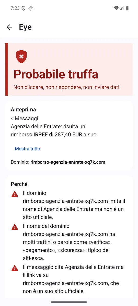 Verdetto di Eye su un falso rimborso dell'Agenzia delle Entrate letto da uno screenshot