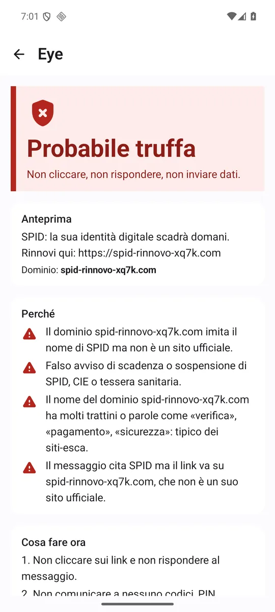 Verdetto di Eye su un falso avviso di scadenza SPID, condiviso da un'altra app