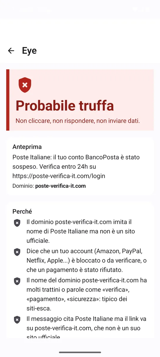Schermata di Eye: verdetto «Probabile truffa» con anteprima del messaggio e l'elenco dei motivi